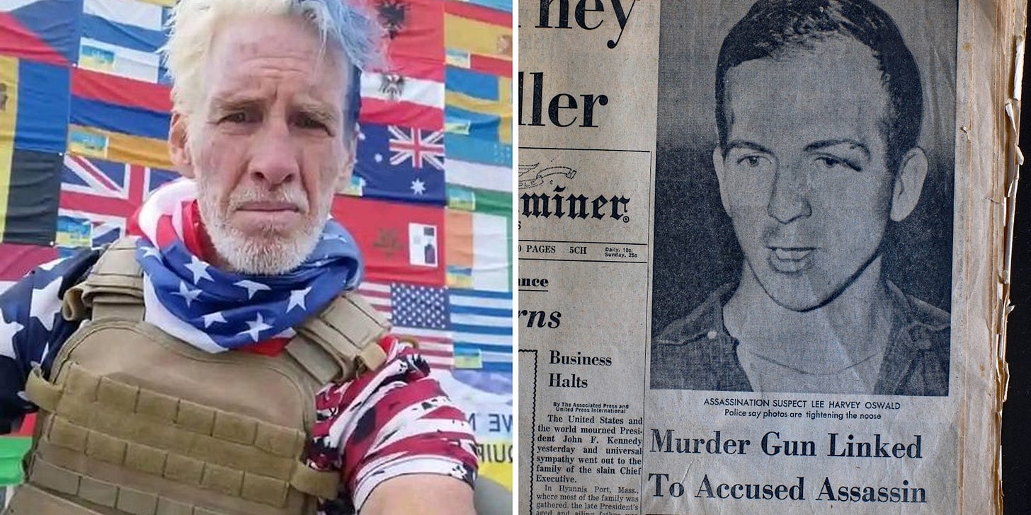 Ryan Routh in front of flags(l), Newsclipping of Lee Harvey Oswald(r)