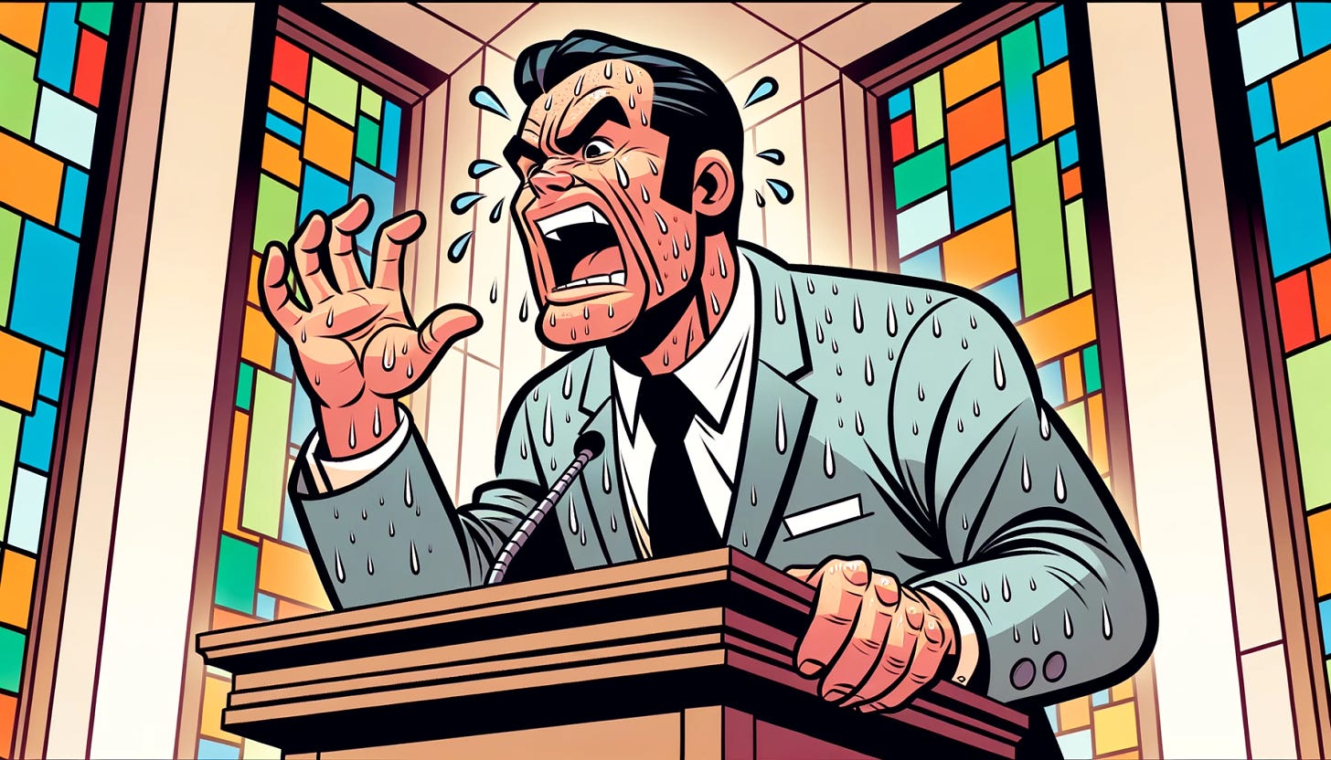 Widescreen cartoon illustration capturing a preacher, animatedly speaking, with sweat marks on his face and neck. His hand is in motion, about to strike the pulpit with fervor. The scene is set against stained glass windows, reflecting the colors of the sermon's passion.