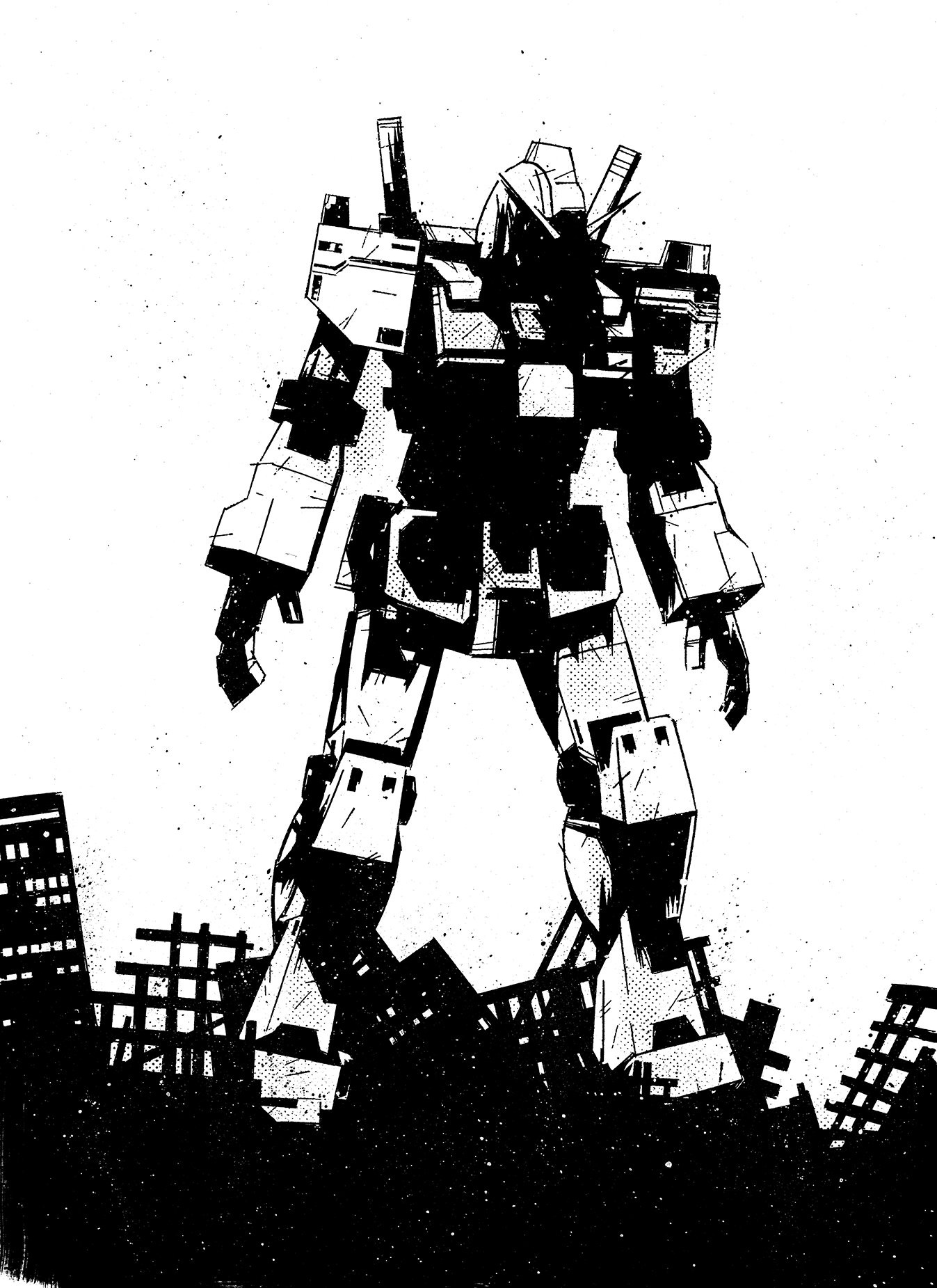 Ink drawing of a giant Gundam robot standing over a destroyed city.