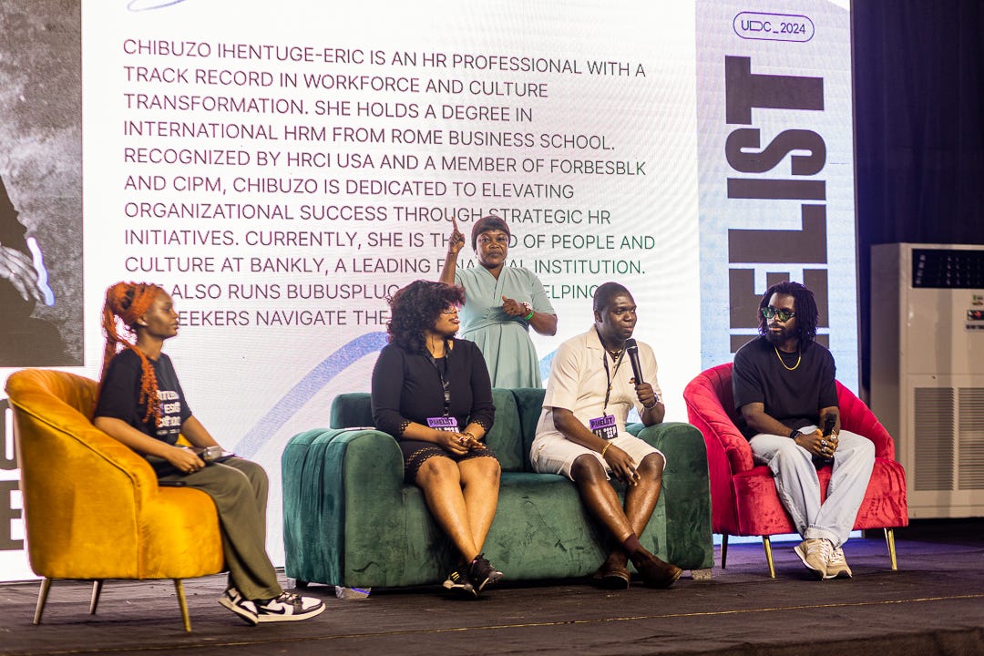 Panel session on recruitment and hiring processes featuring Emmanuel Faith, Chibuzo Ihetunge-Eric, and Tunde Mason during Untitled Designers Conference 2024 