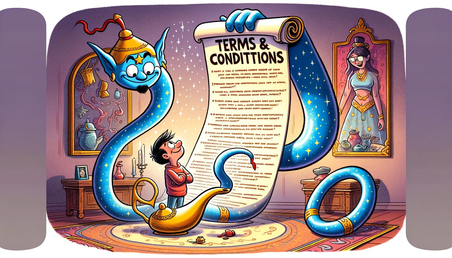 Cartoon illustration: A playful genie next to a shimmering magic lamp unfurls a comically long scroll labeled "Terms & Conditions" that snakes around the room. The genie asks "Do you accept?" The potential wisher peers at the document with a mix of curiosity and apprehension. The room is filled with an assortment of enchanted items, adding a layer of whimsy and magic to the scene, emphasizing the humorous predicament of modern-day wish-making.