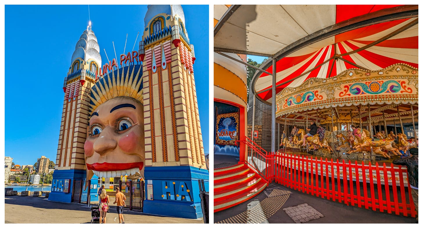 Photo on left shows Luna Park entrance at day, photo on right the carousel. 