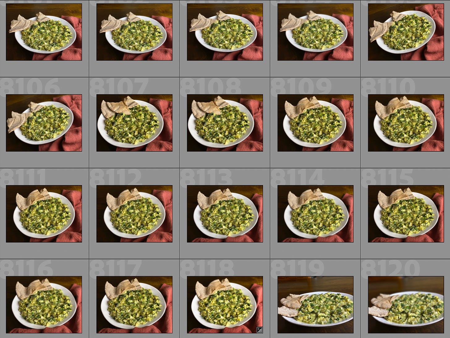 A grid of 20 photos of melted zucchini with whole wheat pita bread, on a white plate sitting on a black surface with a red napkin