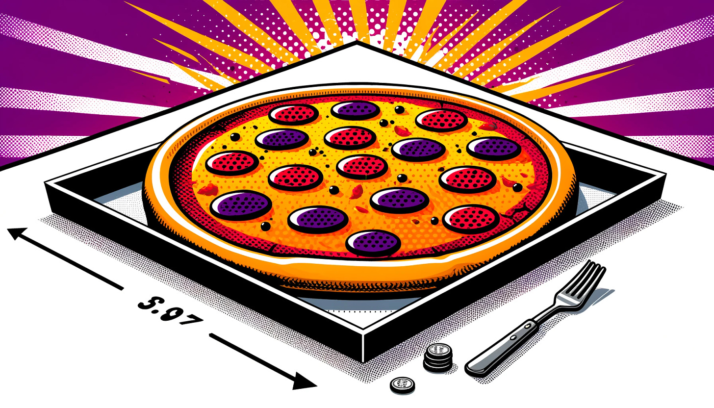 A pop art style illustration of a pizza that looks very large but is actually small, in a 16:9 format. The color palette is restricted to bright purple, bright orange, black, and white, with a white background. The design features bold lines, halftone dots, and dynamic elements typical of pop art. The pizza is depicted with exaggerated perspective, making it appear much larger than it is. A small object like a coin or a fork is placed next to the pizza to emphasize its actual small size. The scene is clean and simple, focusing on the illusion of size, and the image fills the entire 16:9 frame.