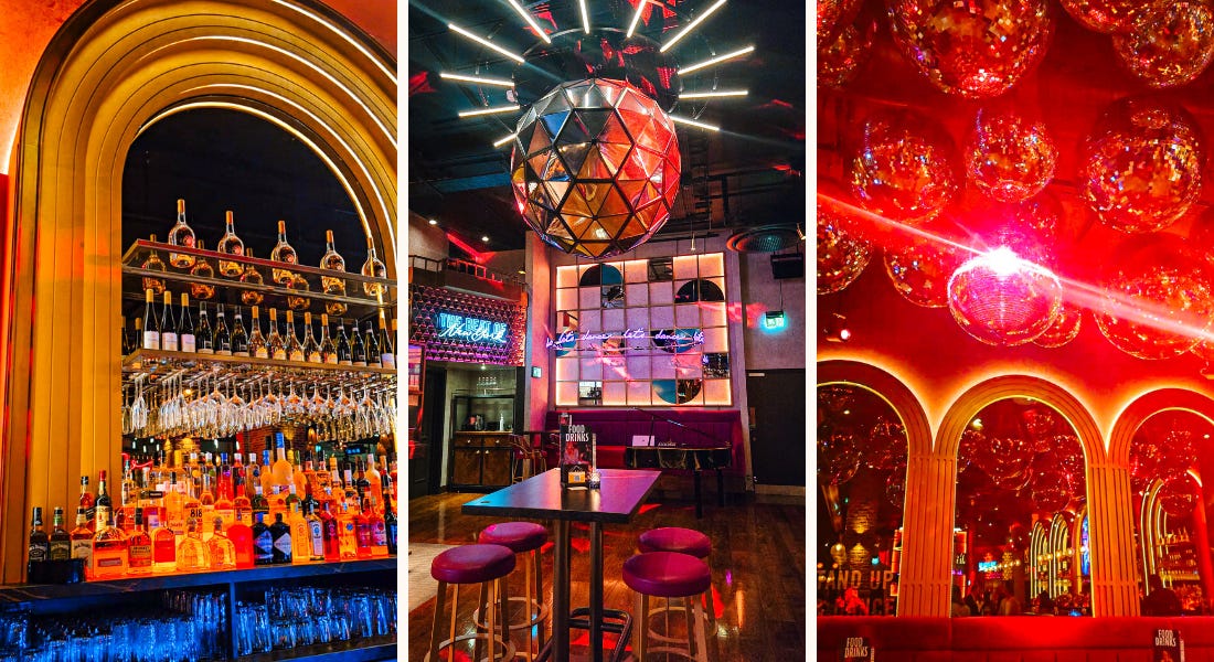 Three pictures - one of a lit up bar with an arched mirror, one of a bar table with a silver geometric sphere above it, and one of a disco ball with red lights behind it