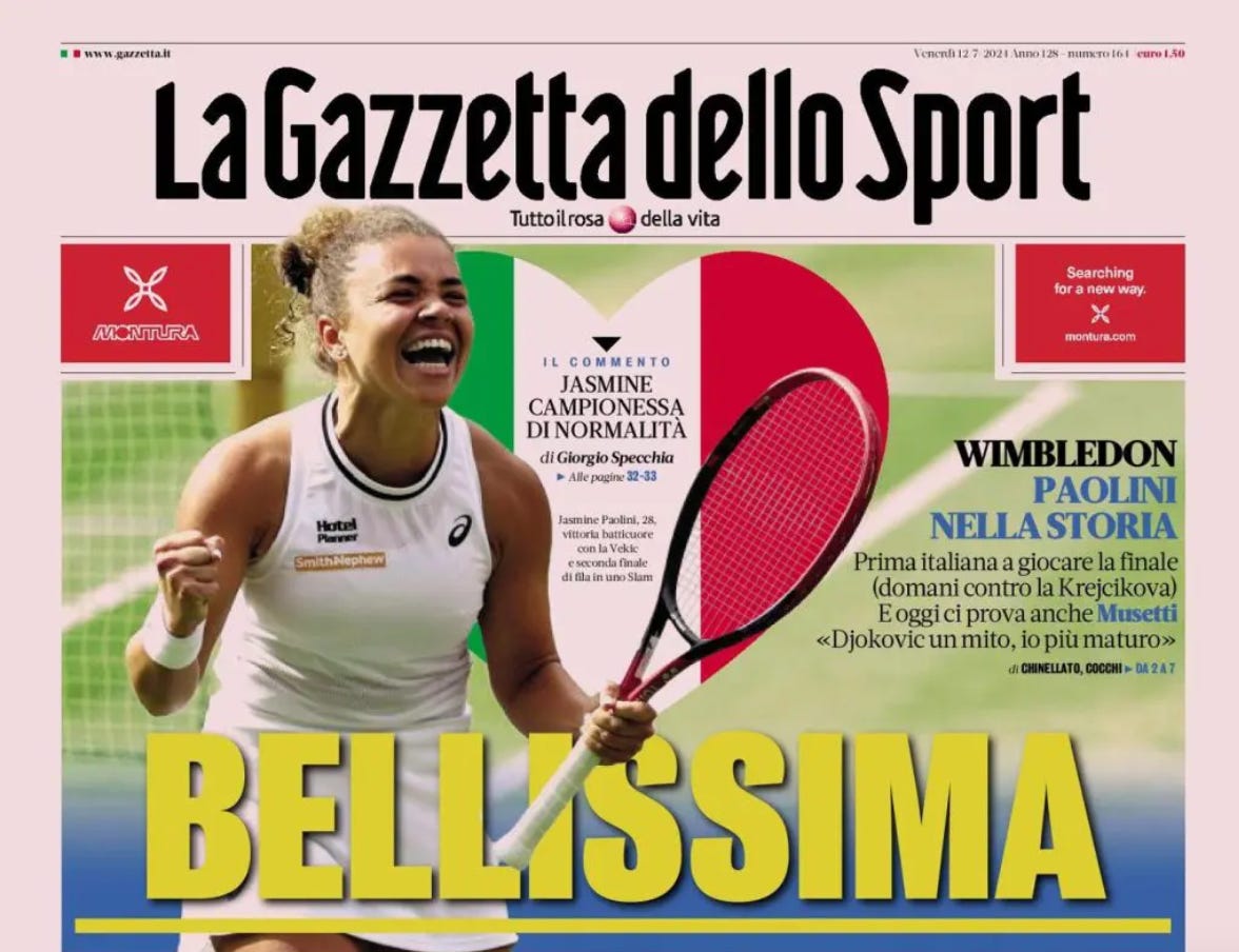 Pagina principale della Gazzetta dello Sport con la tennista Jasmine Paolini in primo piano che festeggia la sua vittoria allo Slam. Il titolo dice Bellissima e sullo sfondo un cuore con i colori della bandiera italiana.