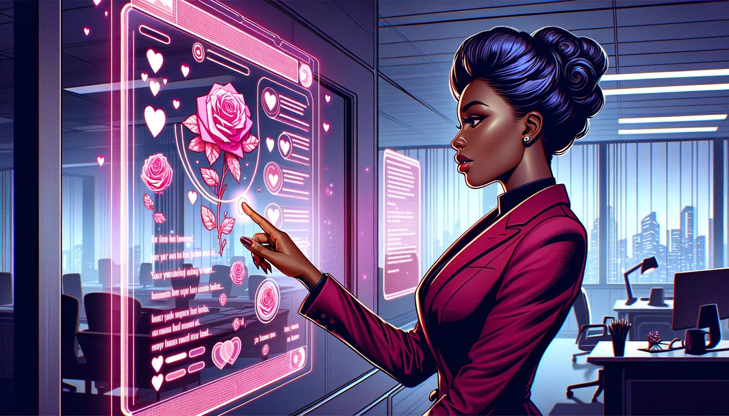 Illustration of a young African woman in a tailored red power suit, standing in an office with a sci-fi aesthetic, composing a love letter on a wall-mounted digital interface that glows with pink and purple hues. Her hair is styled in an elegant updo, and she has a thoughtful expression as she touches the screen, which displays floating digital roses and heart emojis around the text of the letter.