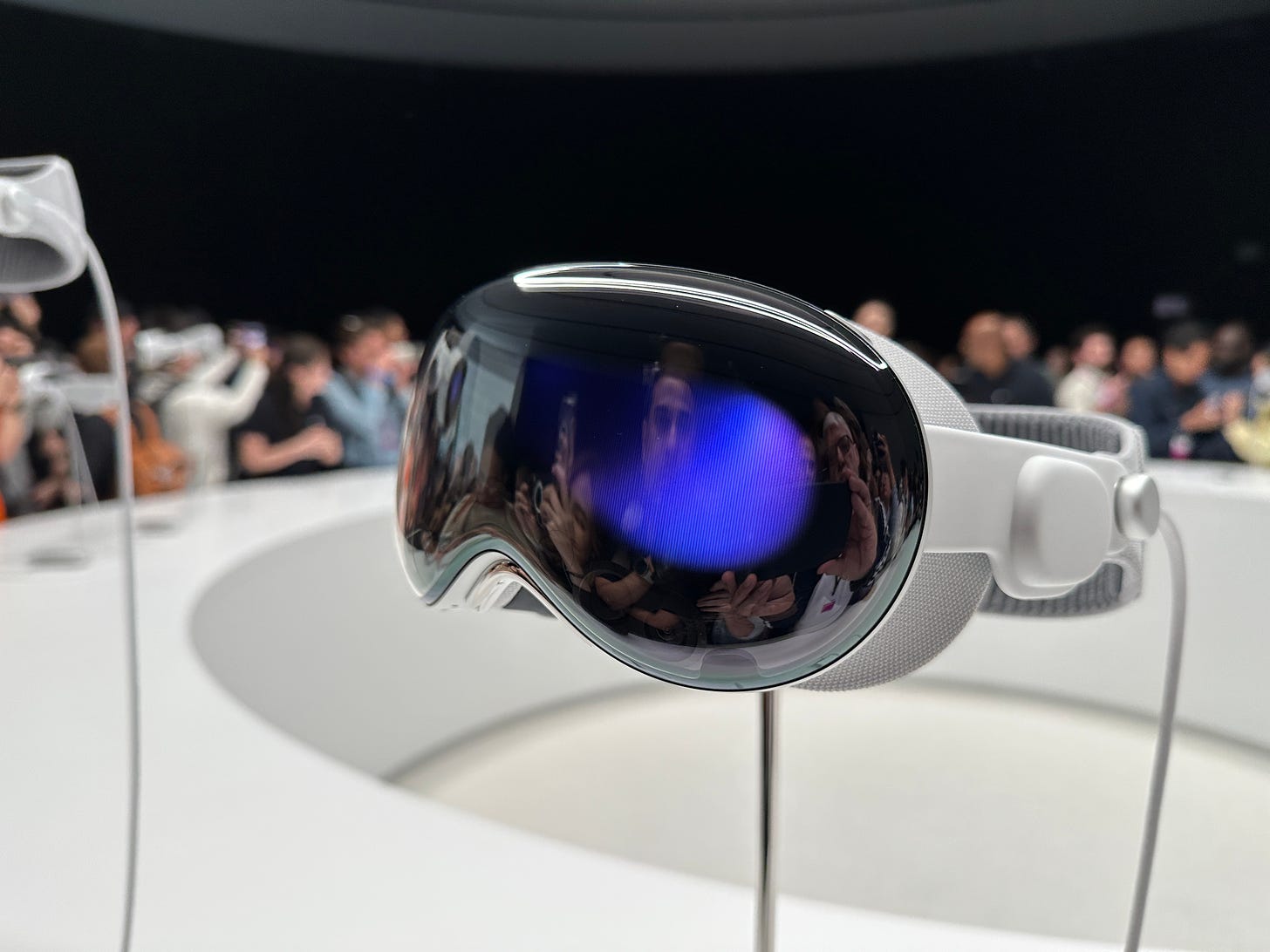 The Apple Vision Pro shown on display in the Steve Jobs Theater on Monday in Cupertino. (Christoph Dernbach / Getty Images)
