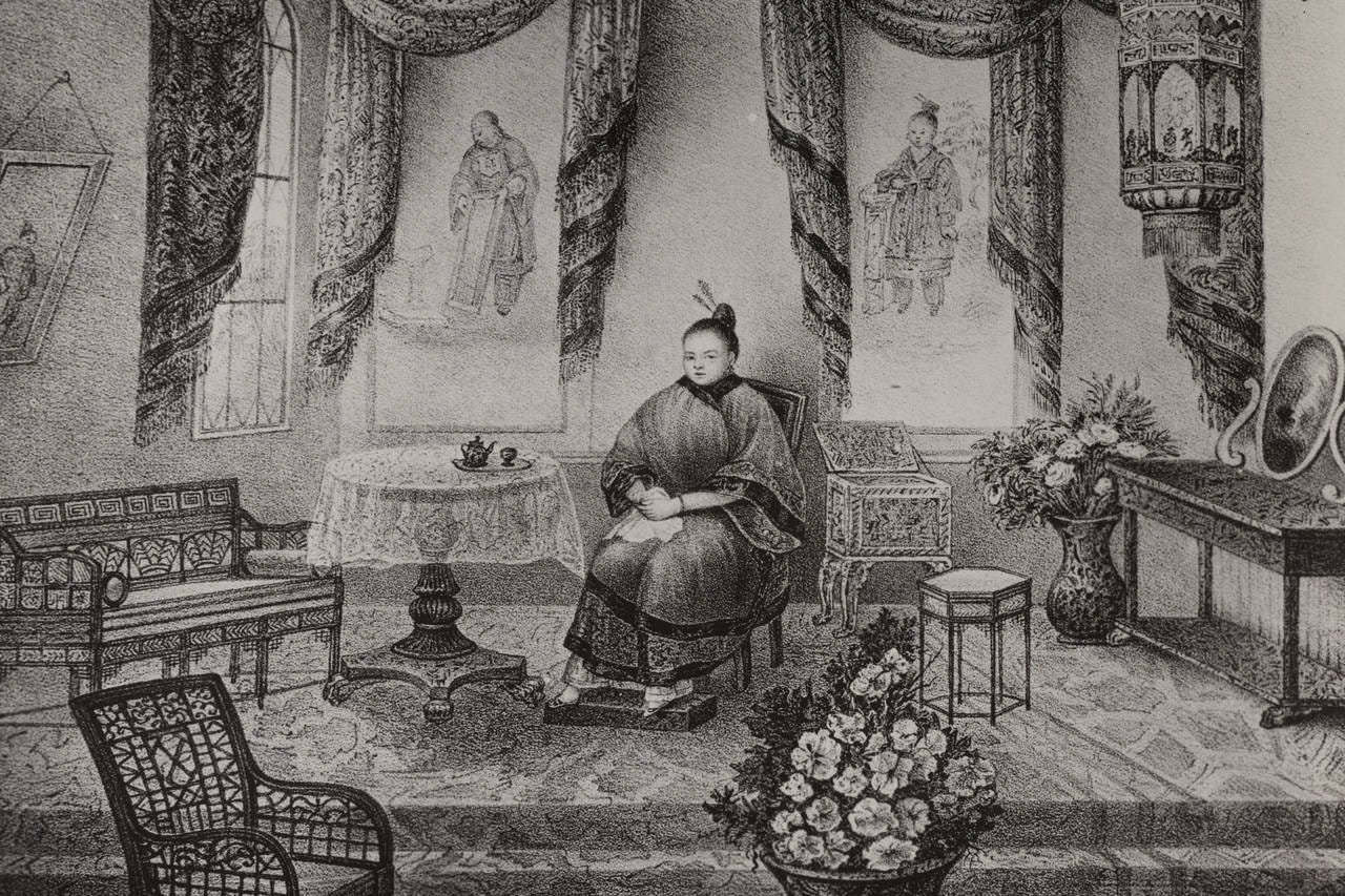 black and white sketch of Afong Moy sitting in a room decorated with chinoiserie; she sits next to a table with a teapot and cup