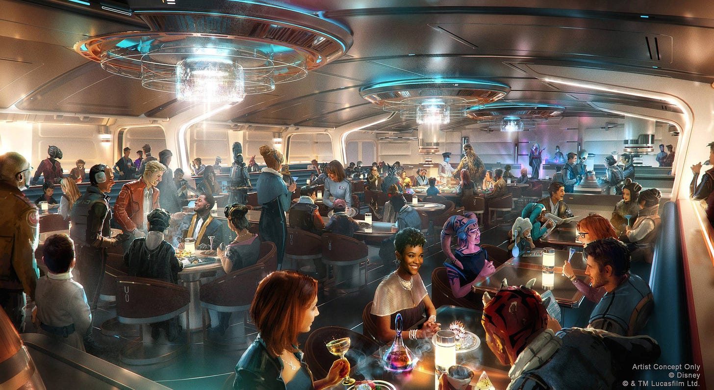 Concept art for Disney's Galactic Starcruiser showing a restaurant with a mix of human and alien species