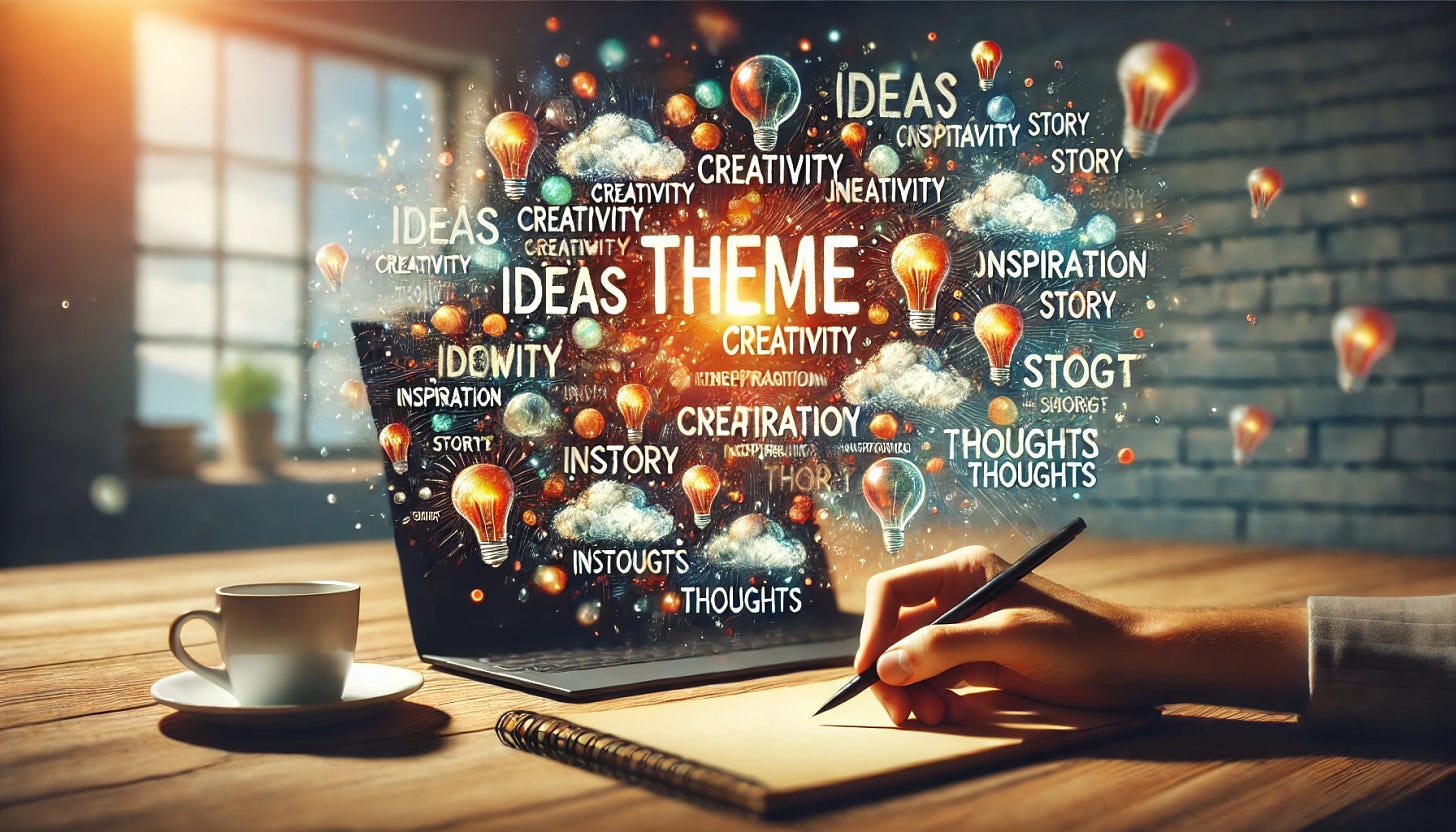 A creative and abstract image of multiple theme keywords floating in the air on a piece of paper or computer screen. The keywords should appear dynamic, as though they are being generated or coming to life in the process of writing. The image should have a wide-screen aspect ratio, with keywords like 'ideas,' 'creativity,' 'writing,' 'inspiration,' 'story,' 'thoughts' floating or glowing above or around the paper/screen. The background should be blurred to emphasize the floating words, creating a sense of motion and activity in the writing process.