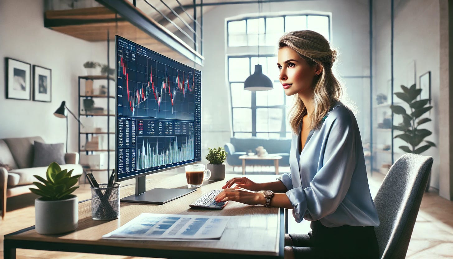 A rectangular image, 800 pixels wide, showing a professional and pretty blonde woman in her 30s sitting at a sleek modern desk. The perspective is from a 45-degree angle that allows the viewer to see the front of her laptop screen, as she would see it. The laptop screen displays detailed financial charts and data about chip stocks. She is deeply focused, in a bright, well-lit home office with a large window and natural light. The desk includes documents and a cup of coffee, and there are shelves with books and small potted plants in the background, creating an organized and professional atmosphere.