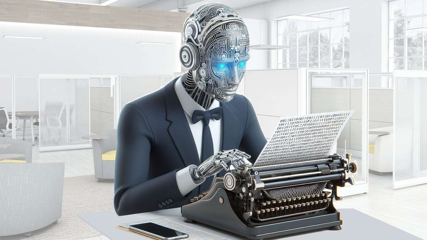 Robot typing on an old fashion typewriter in a modern office