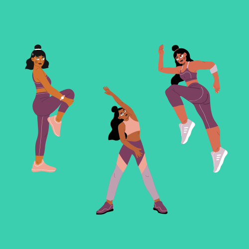 An image of 3 women working out and stretching in different positions. Running on the spot, arm stretching, and leg stretching. They are wearing pink and purple sports bras and leggings, with purple trainers. Source: Canva