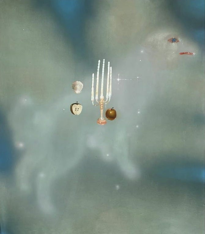 This may contain: an image of a group of objects floating in the air with water and clouds behind them