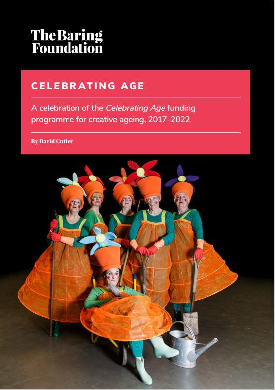 Cover of Celebrating Age by David Cutler. 6 women in orange flowerpot hats and hula hoop dresses, with spades and watering cans