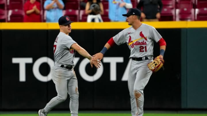 Tyler O'Neill #27 and Lars Nootbaar #21 of the St. Louis Cardinals celebrate. (Photo by Dylan Buell/Getty Images)