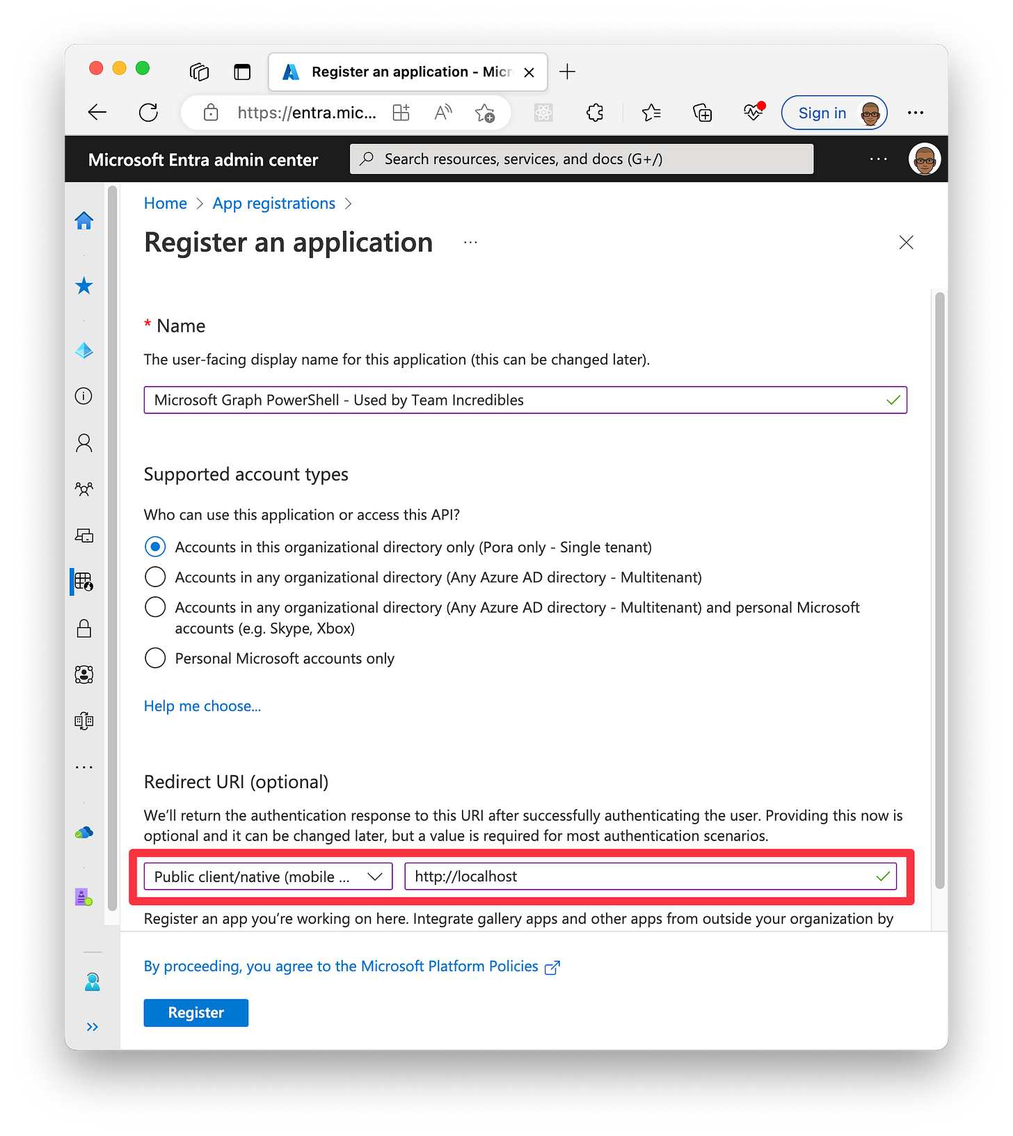 Microsoft Graph PowerShell app configuration Screenshot showing how the app should be created