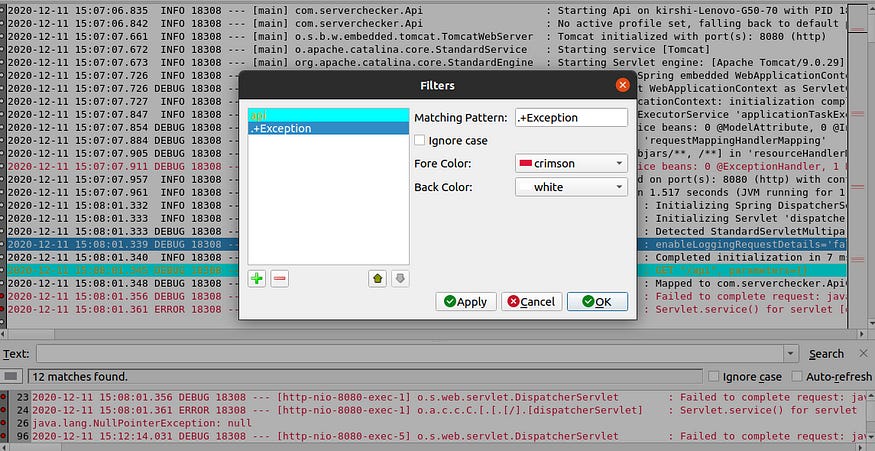 a screen showing how to set custom filters in glogg