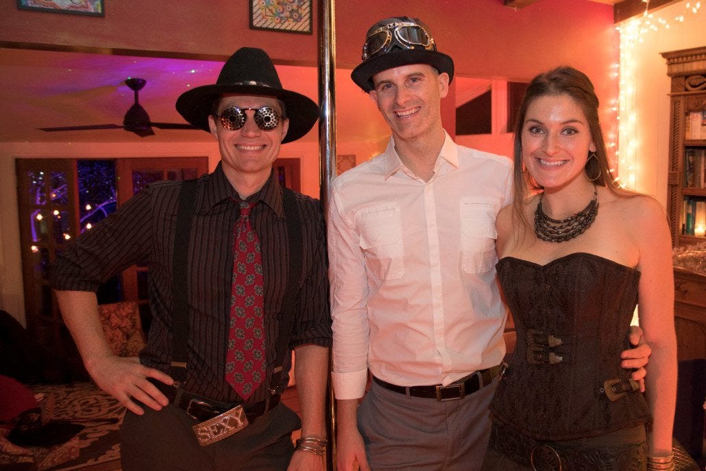 Here I am in my 20's gangster steampunk ensemble with my buddy Mike from college and his lady Laura. My SEXY belt fell off for the picture, bummer...