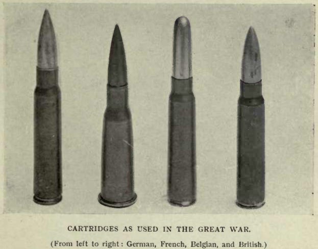 A row of four rifle cartridges, three have a pointy end, one is rounded. It's a grainy scan from an old book.