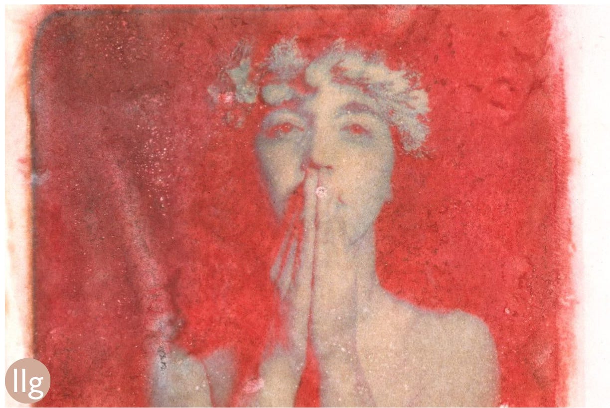 polaroid transfer red background female with prayer hands
