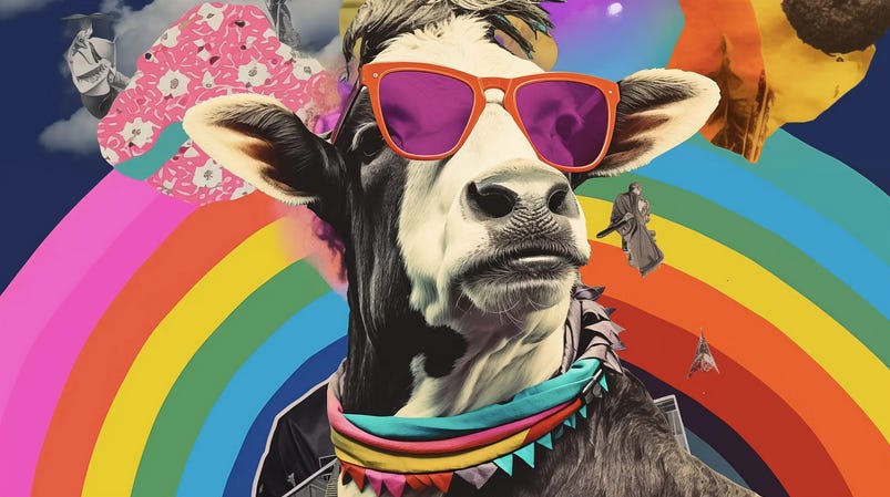 A very cool looking cow in sunglasses and a colourful scarf in front of a painted rainbow.