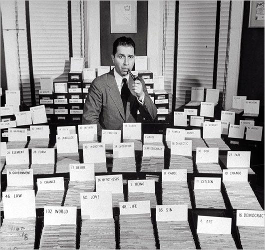 Mortimer J. Adler holding a pipe in his left hand and mouth posing in front of dozens of boxes of index cards with topic headwords including "law", "love", "life", "sin", "art", "democracy", "citizen", "fate", etc.