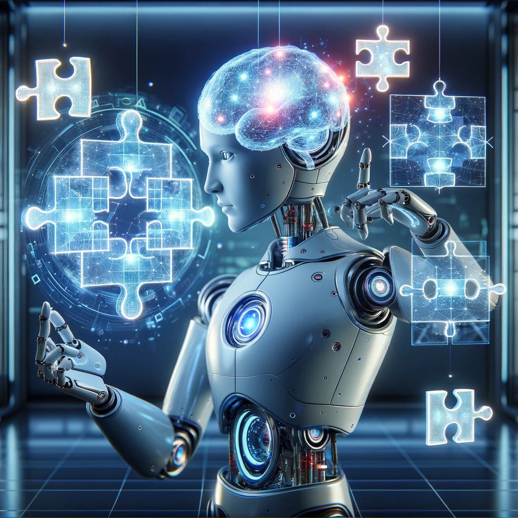 Visual representation of an artificial intelligence language model conceptualized as a futuristic robot. The robot has a transparent head, displaying a glowing brain with interconnected nodes representing complex problem-solving. The robot is seen dividing a large holographic puzzle, symbolizing a problem, into smaller, manageable pieces. Each piece of the puzzle emits light and is floating in the air, illustrating the concept of breaking down complex issues. The robot stands in a modern laboratory with advanced technology surrounding it, emphasizing its high-tech nature. The scene is bathed in cool blue and silver tones, giving a sense of advanced technology and intelligence.