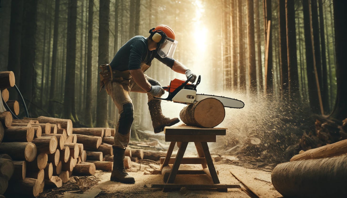 image of a man using an orange and white chainsaw to cut a log on a sawhorse, set in a forest with piles of wood around him. 