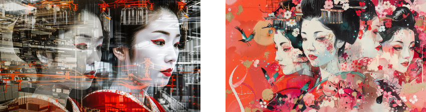 A vibrant artwork merging two images, one with a modern, digital portrayal of a geisha against a cityscape and another depicting multiple geisha faces with abstract floral designs.