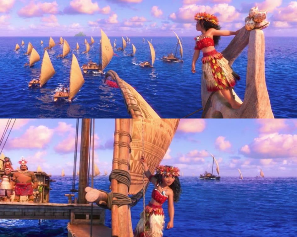 Two images of Moana leading the sailing fleet of double-hulled canoes at the end of the film. Moana. Disney. 2016.