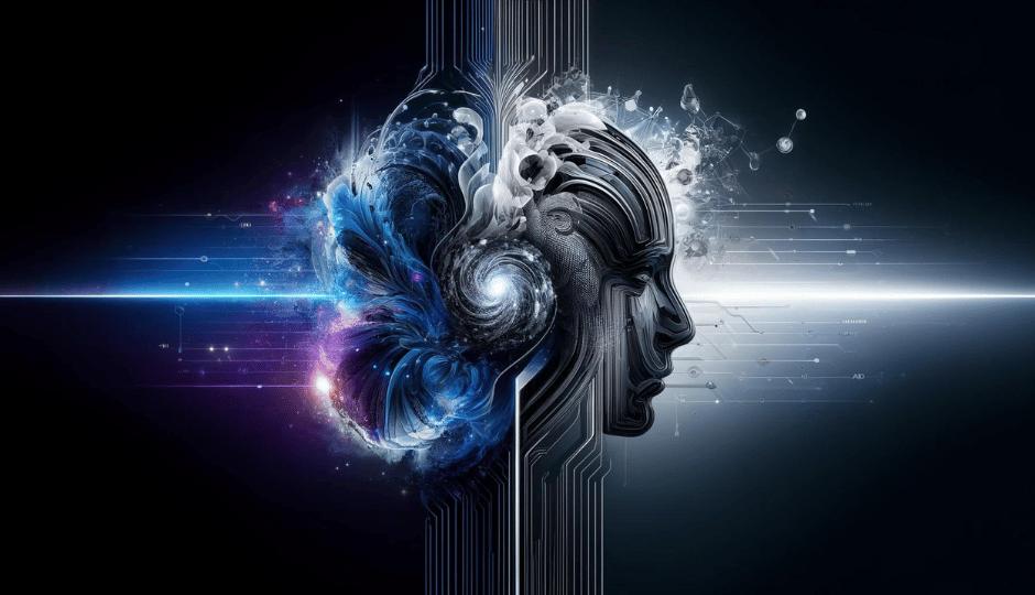 Concept artistique d'une tête humaine en profil avec une fusion numérique et cosmique, symbolisant l'intelligence artificielle et la technologie de pointe, avec des éléments de circuit et une galaxie s'étendant de la pensée à l'infini.