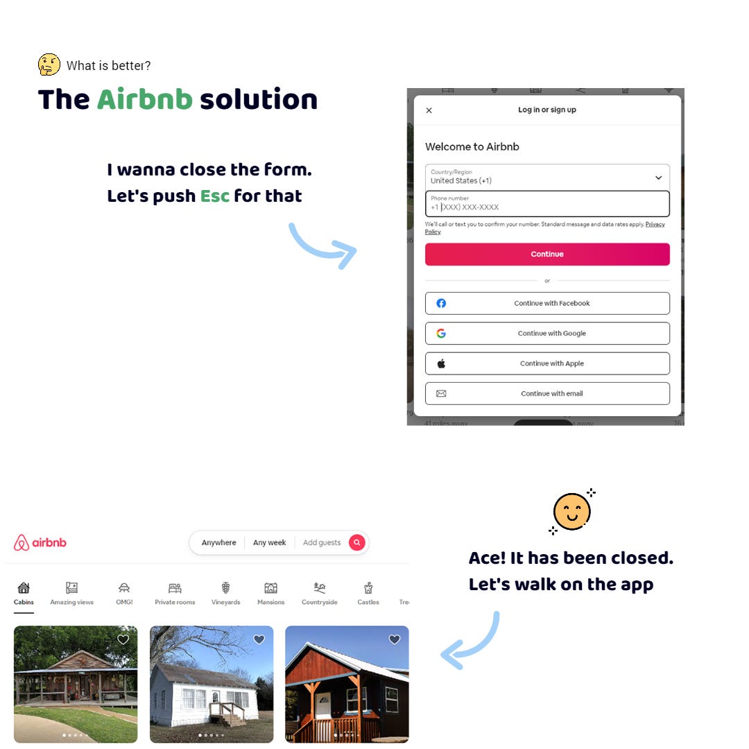 The Airbnb app. The login form is open in the modal window. I push Esc. Great, the form is closed!