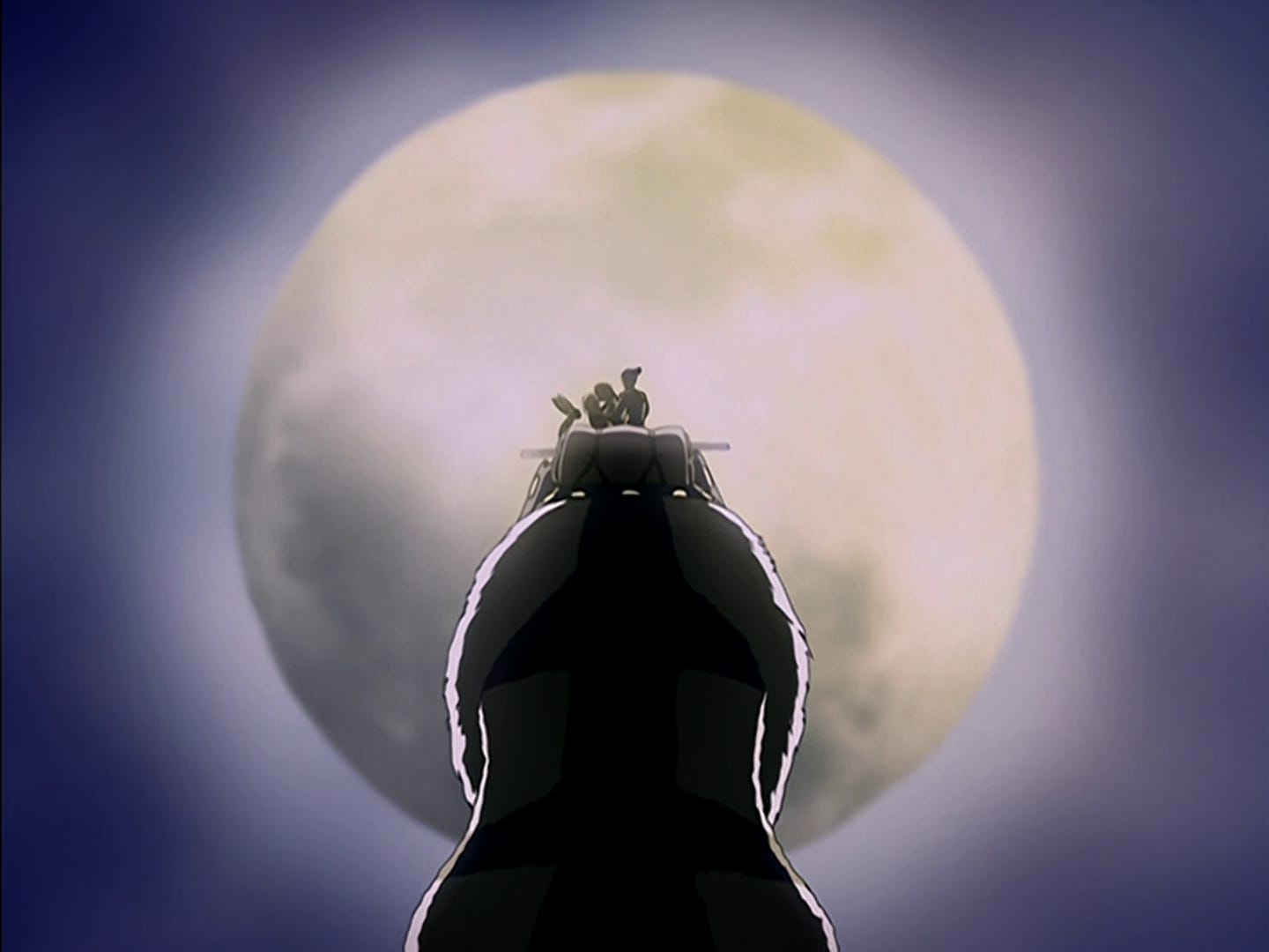 Silhouetted by the full moon, Sokka, Katara, and Momo comfort Aang, all riding atop Appa.