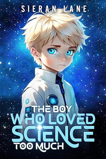 A science fiction novel book cover. A young blond boy against a space background. A science fiction novel book cover. A young blond boy against a space background.