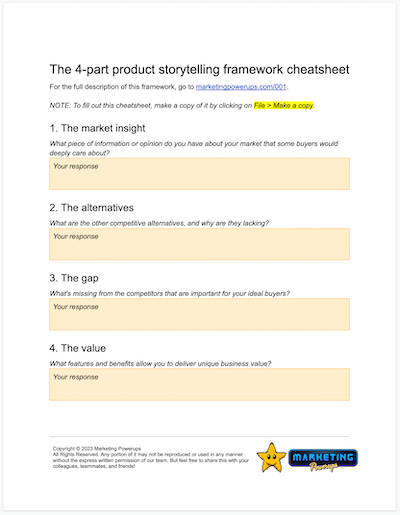 Marketing Powerups Cheatsheet for April Dunford's Product Storytelling Framework