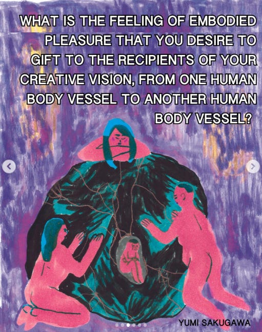 A crayon drawing of people colored in pink hugging a uterus where a fetus is resting. The text above reads, "What is the feeling of embodied pleasure that you desire to gift to the recipients of your creative vision, from one human body vessel to another human body vessel?"
