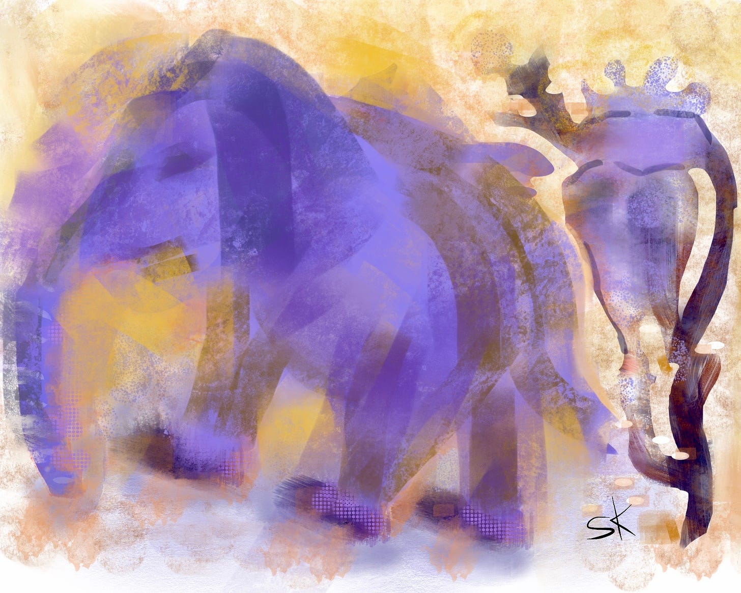 Painting by Sherry Killam Arts abstract impression of purple elephant and unidentified rival kicking up dust as they leave each other.