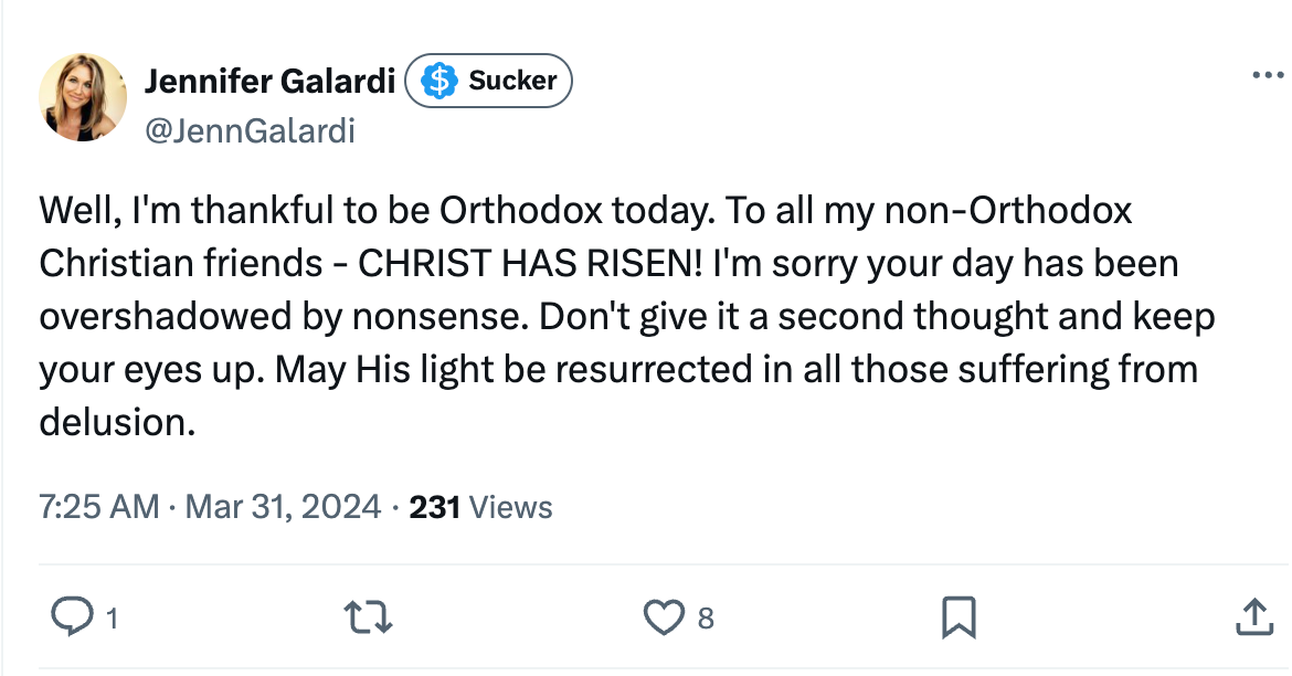 Well, I'm thankful to be Orthodox today. To all my non-Orthodox Christian friends - CHRIST HAS RISEN! I'm sorry your day has been overshadowed by nonsense. Don't give it a second thought and keep your eyes up. May His light be resurrected in all those suffering from delusion.