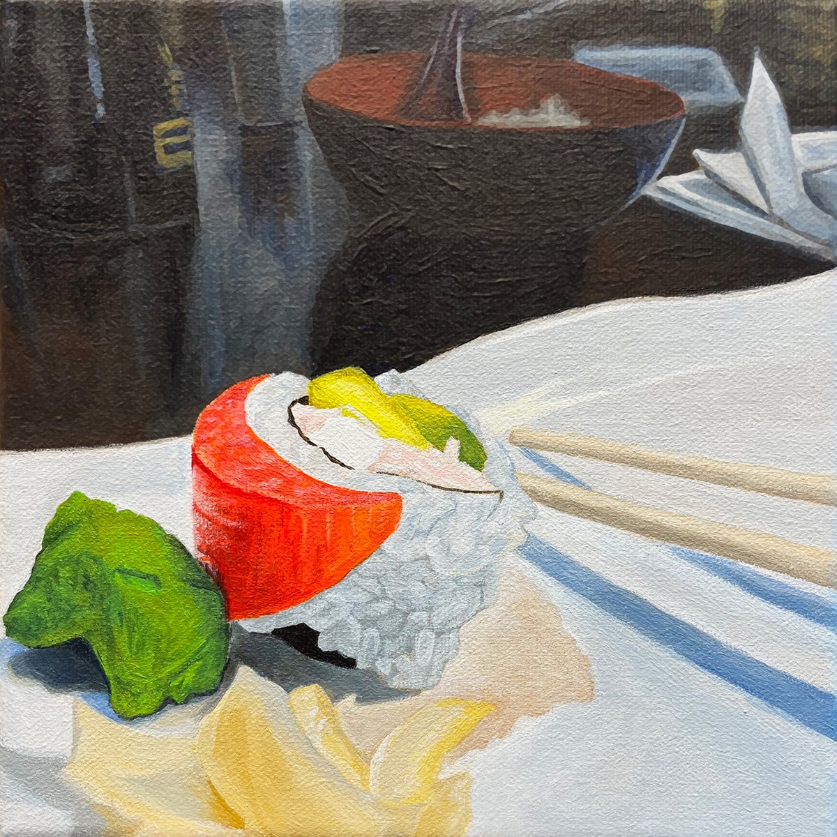 Painting of a single piece of a salmon sushi roll on a white dish next to a pair of chopsticks, ginger and wasabi. In the darkened background there is a black bowl with a red interior containing rice and a bottle of soy sauce.