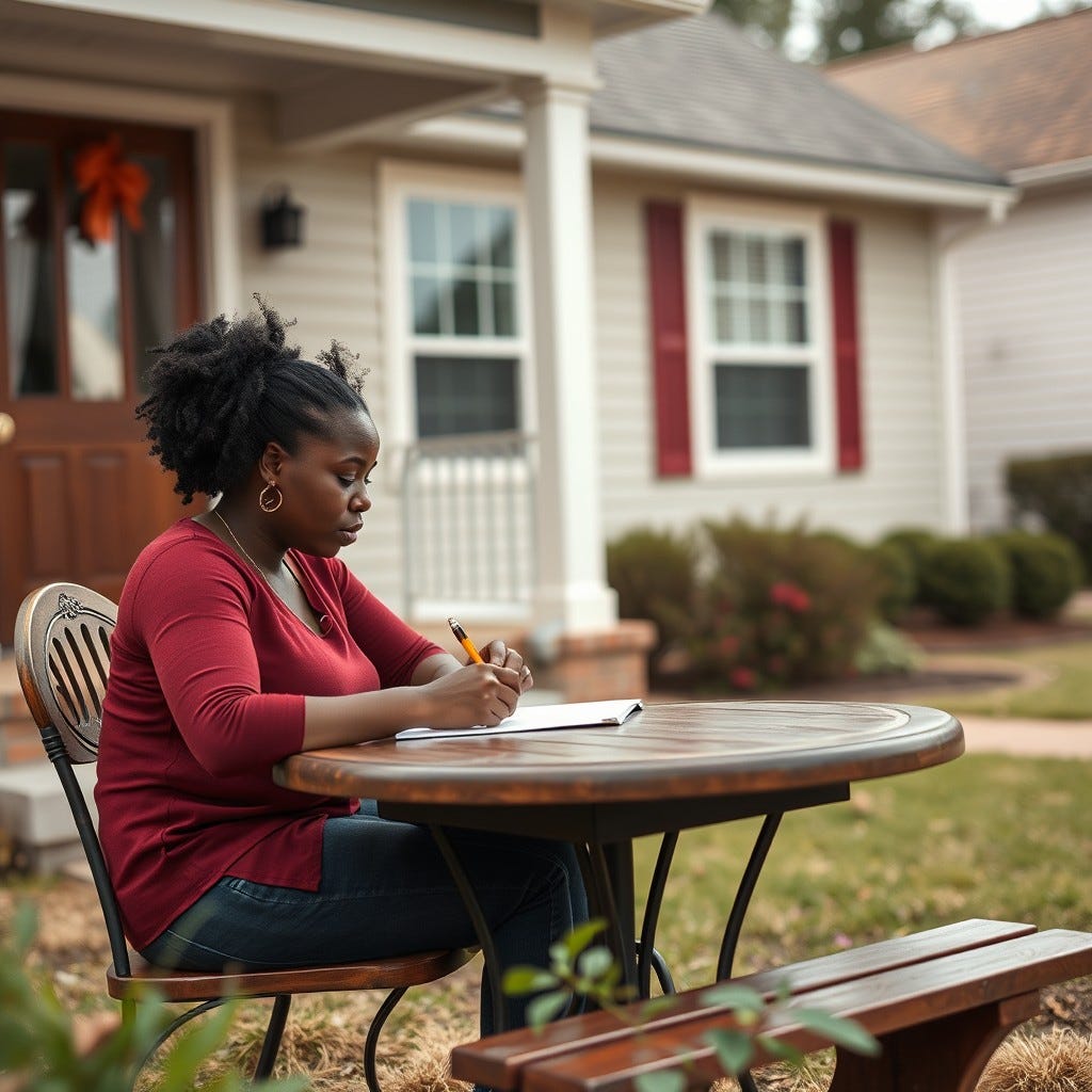 Provide me a realistic image of a young African American woman sitting at a table in front of her house writing a letter