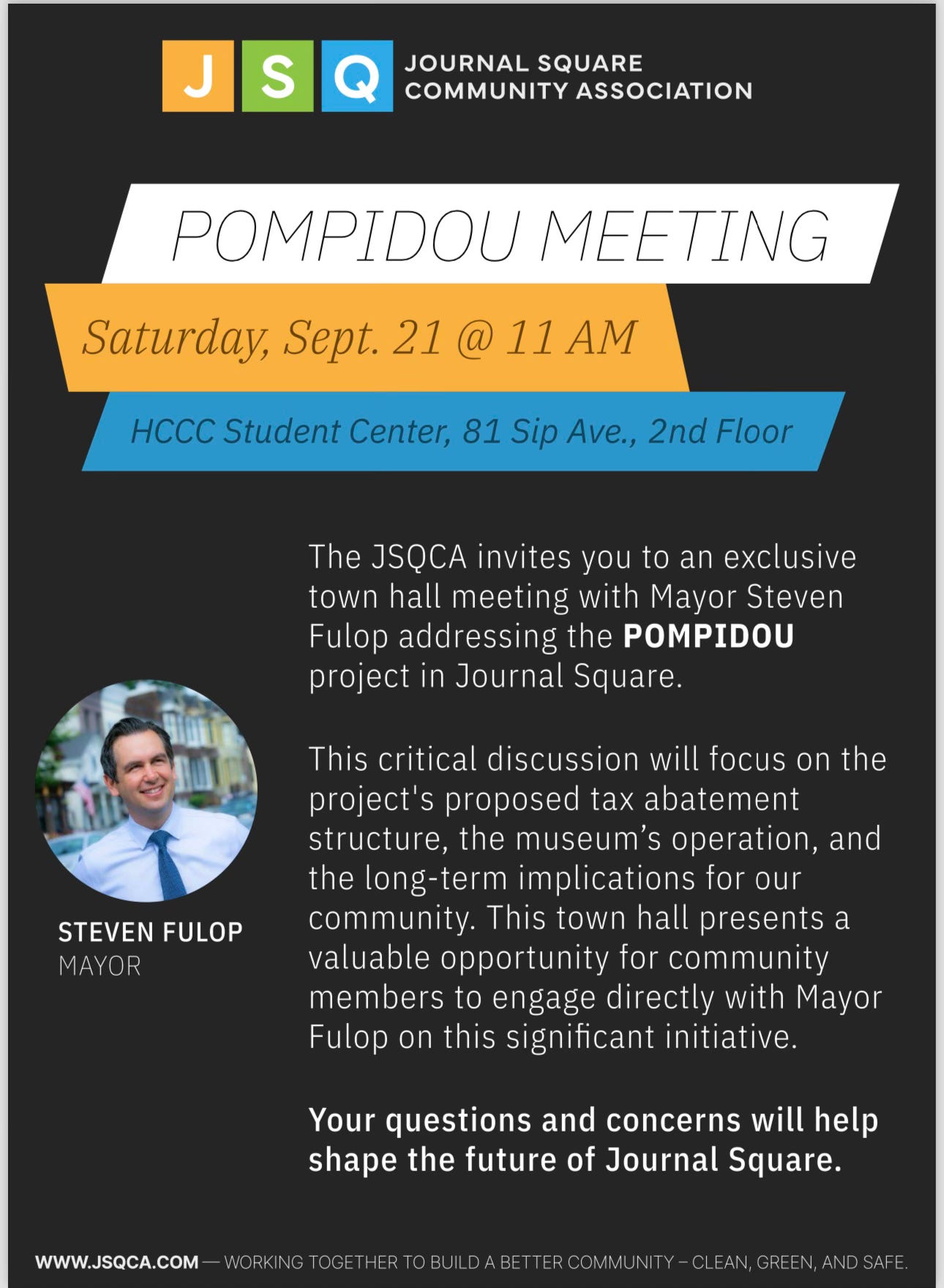 JSQCA is hosting a q&a with Fulop on Saturday, Sept 21st at 11am at the HCCC Student Center at 81 Sip Ave