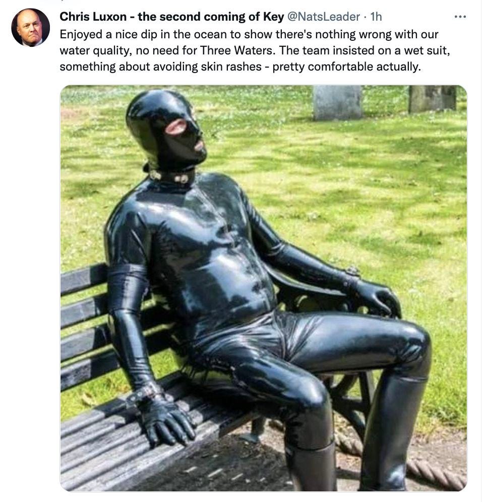 Parody tweet of Christopher Luxon in a gimp suit for a swim.