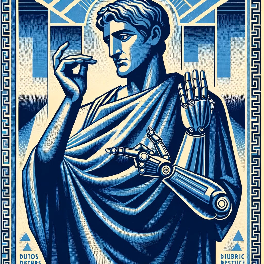 A Greek philosopher, depicted in a 1930s WPA style poster, predominantly in blue tones. The philosopher, a middle-aged Caucasian male with a thoughtful expression, is wearing traditional Greek robes. He is standing in a classical posture, holding out two human hands in one of his hands and a metallic, futuristic robotic arm in the other. The background features stylized, angular patterns typical of the WPA art movement, adding a vintage and public service announcement feel to the image.