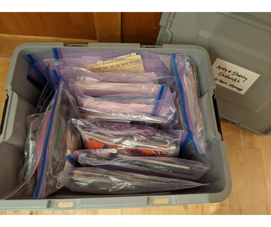 A gray plastic tub filled with large Ziplock bags