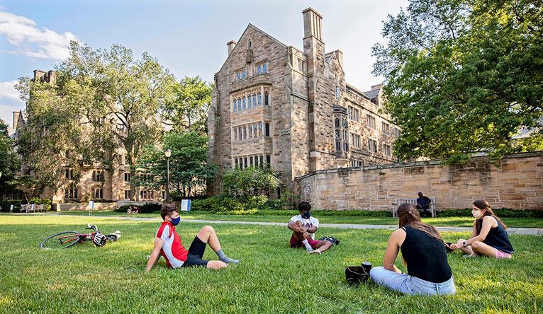 Yale students gathered on the lawn near Sterling Memorial Library in August.