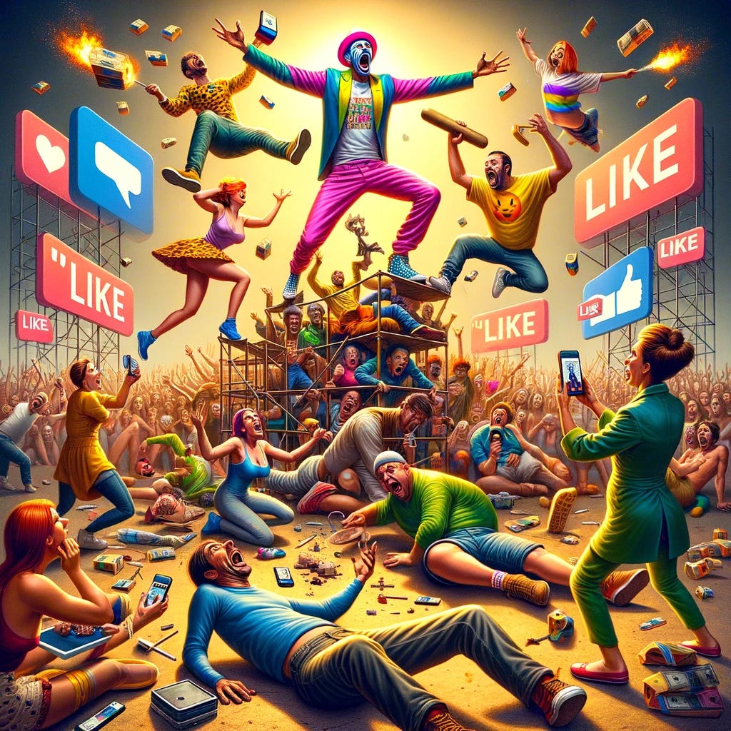 Depict a chaotic and vibrant scene with a diverse group of individuals, men and women of different descents, performing outlandish and absurd stunts in a desperate attempt to gain social media fame. Imagine people dressed in bright, attention-grabbing costumes, some are juggling objects on fire, another is making a precarious, foolish pose atop a stack of chairs, while another attempts to record a risky skateboard trick. The background is filled with large, flashy 'like' and 'dollar' signs, symbolizing the drive for social media engagement and monetary gain. Emphasize the exaggerated expressions of the performers, from wild enthusiasm to intense concentration, all vying for the spotlight in this performative hellscape. The atmosphere should reflect a circus-like environment, underscoring the lengths people go to for recognition and rewards on these platforms.