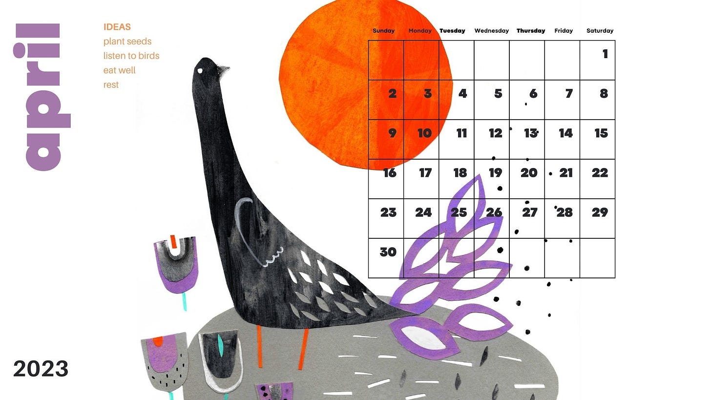 april 2023 calendar wallpaper with a bird, flowers and big sun design on a white background.