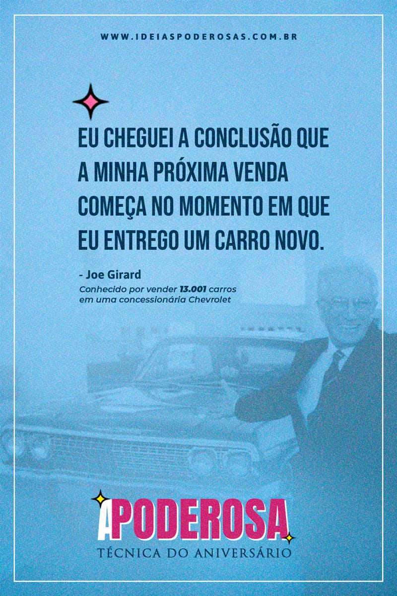 Arte da edição da newsletter Ideias Poderosas, com o tema A Poderosa Técnica do Aniversário, que apresenta um fundo azul com uma textura granulada. Tem uma citação de Joe Girard, conhecido por vender mais de treze mil carros em uma concessionária da Chevrolet.